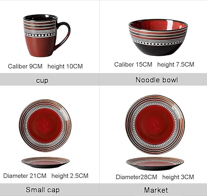 Dinnerware Sets Dish Set,4-Pieces,Retro Porcelain Tableware Set with Plates,Bowls and s,Red Ceramic Dinner Set for Home Kitchen & Dining