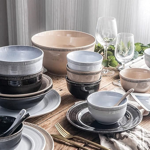 30-Pieces Dinnerware Sets, Retro American Porcelain Tableware Set with Plates Bowls and Dish, Ceramic Dinner Set for Home Kitchen and Dinning, Microwave Dishwas