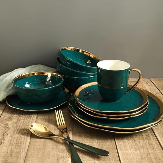 16 Piece Dinnerware Set Service for 4 Family Hotel Tableware Ceramic Round Plates and Bowls