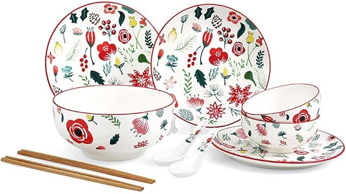 Dinner Plates,Fine Dinnerware Set,10 Piece Dinnerware Set, Ceramic Tableware Set, Dinner Plates and Bowls, American Multicolor Pastoral Floral, Service for 2