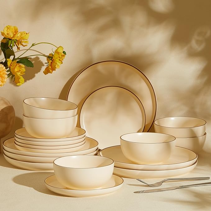 Sweese Dinnerware Sets Service for 6, 18 pcs Matte Glaze Plates and Bowls Sets, Handmade Porcelain Dish Set, Highly Chip and Crack Resistant Modern Dinner Set, Beige
