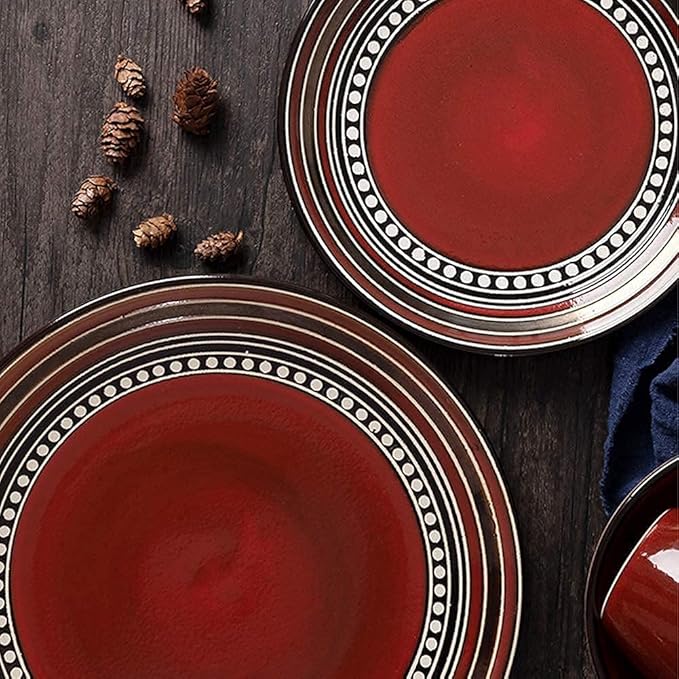 Dinnerware Sets Dish Set,4-Pieces,Retro Porcelain Tableware Set with Plates,Bowls and s,Red Ceramic Dinner Set for Home Kitchen & Dining