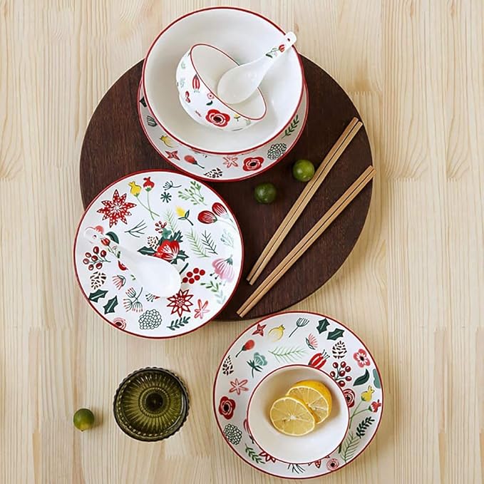 Dinner Plates,Fine Dinnerware Set,10 Piece Dinnerware Set, Ceramic Tableware Set, Dinner Plates and Bowls, American Multicolor Pastoral Floral, Service for 2