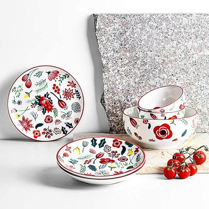 Dinner Plates,Fine Dinnerware Set,10 Piece Dinnerware Set, Ceramic Tableware Set, Dinner Plates and Bowls, American Multicolor Pastoral Floral, Service for 2
