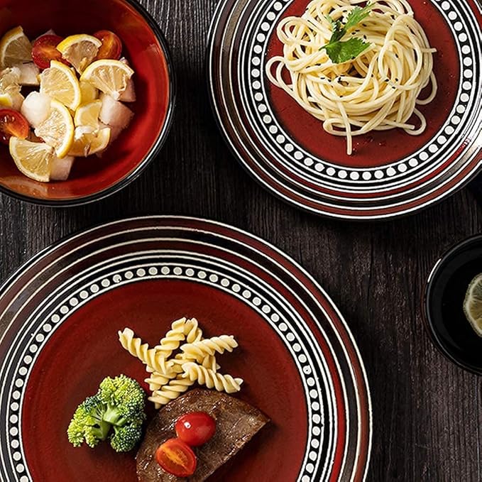 Dinnerware Sets Dish Set,4-Pieces,Retro Porcelain Tableware Set with Plates,Bowls and s,Red Ceramic Dinner Set for Home Kitchen & Dining