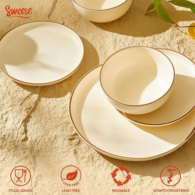 Sweese Dinnerware Sets Service for 6, 18 pcs Matte Glaze Plates and Bowls Sets, Handmade Porcelain Dish Set, Highly Chip and Crack Resistant Modern Dinner Set, Beige