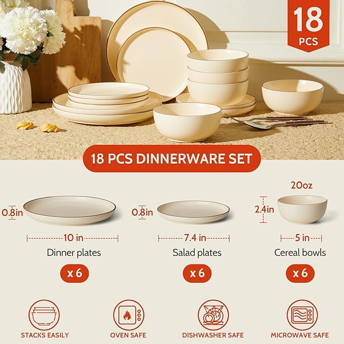 Sweese Dinnerware Sets Service for 6, 18 pcs Matte Glaze Plates and Bowls Sets, Handmade Porcelain Dish Set, Highly Chip and Crack Resistant Modern Dinner Set, Beige