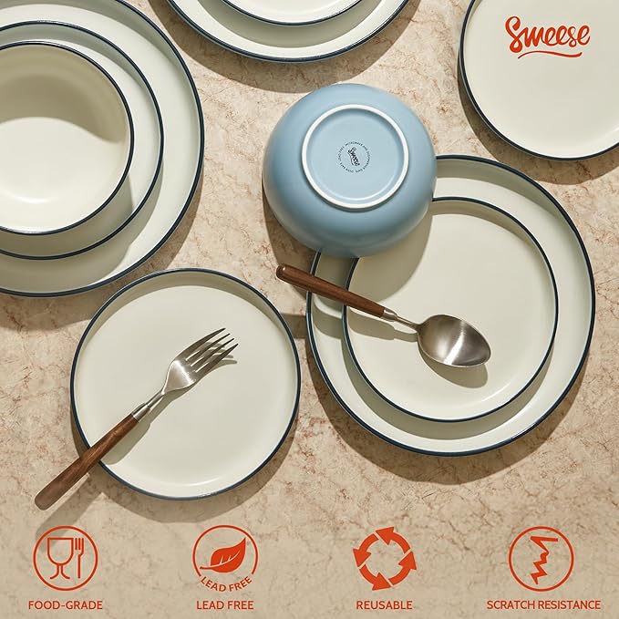 Sweese Dinnerware Sets Service for 6, 18 pcs Matte Glaze Plates and Bowls Sets, Handmade Porcelain Dish Set, Highly Chip and Crack Resistant Modern Dinner Set, Blue White