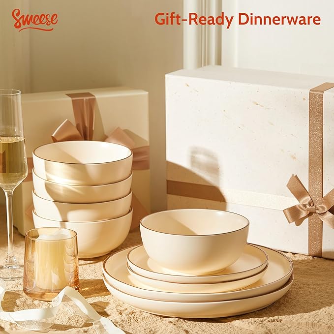 Sweese Dinnerware Sets Service for 6, 18 pcs Matte Glaze Plates and Bowls Sets, Handmade Porcelain Dish Set, Highly Chip and Crack Resistant Modern Dinner Set, Beige