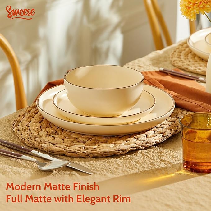 Sweese Dinnerware Sets Service for 6, 18 pcs Matte Glaze Plates and Bowls Sets, Handmade Porcelain Dish Set, Highly Chip and Crack Resistant Modern Dinner Set, Beige