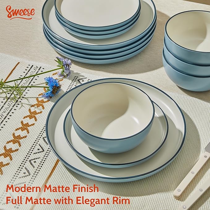 Sweese Dinnerware Sets Service for 6, 18 pcs Matte Glaze Plates and Bowls Sets, Handmade Porcelain Dish Set, Highly Chip and Crack Resistant Modern Dinner Set, Blue White