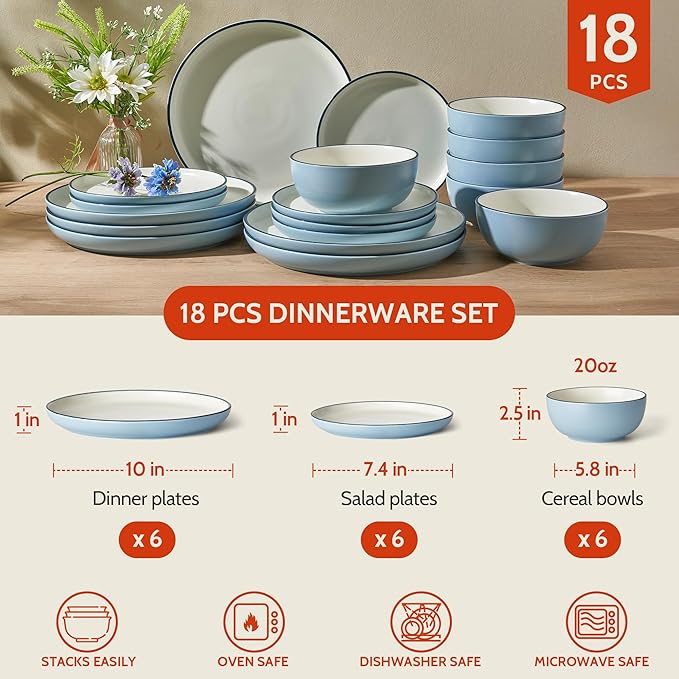 Sweese Dinnerware Sets Service for 6, 18 pcs Matte Glaze Plates and Bowls Sets, Handmade Porcelain Dish Set, Highly Chip and Crack Resistant Modern Dinner Set, Blue White