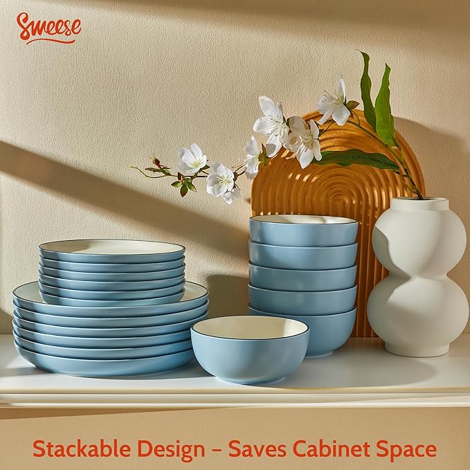 Sweese Dinnerware Sets Service for 6, 18 pcs Matte Glaze Plates and Bowls Sets, Handmade Porcelain Dish Set, Highly Chip and Crack Resistant Modern Dinner Set, Blue White